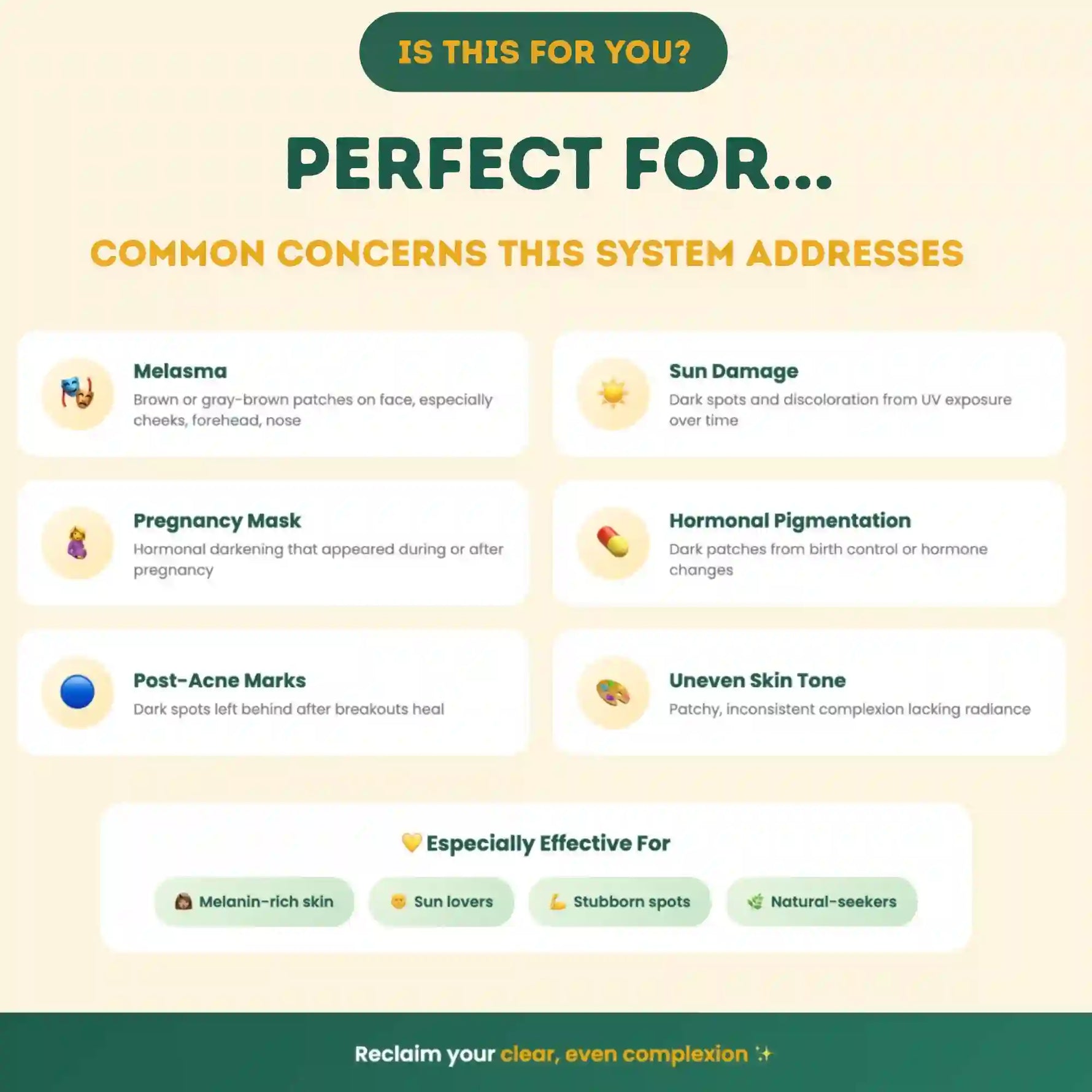 Product feature page highlighting common skin concerns addressed by a skincare system.