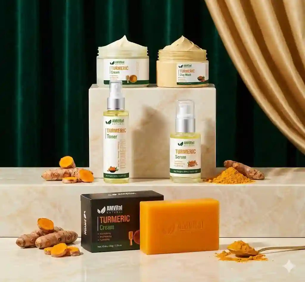 Collection of Amrita Ayurveda Turmeric skincare products on a decorative shelf with turmeric roots and cream.