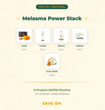 Melasma power stack product lineup with icons and labels on a beige background