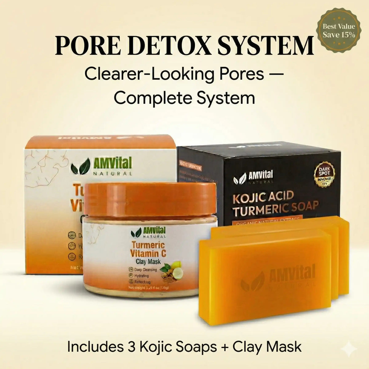 AMVital skincare products including a jar, soap, and clay mask on a beige background.