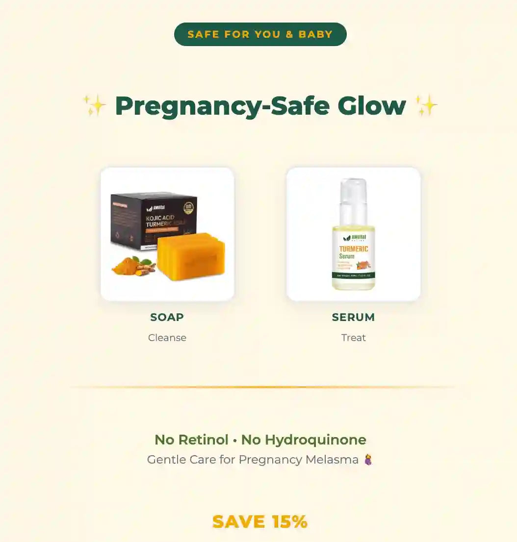 Pregnancy-safe skincare products including soap and serum on a beige background.