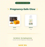 Pregnancy-safe skincare products including soap and serum on a beige background.