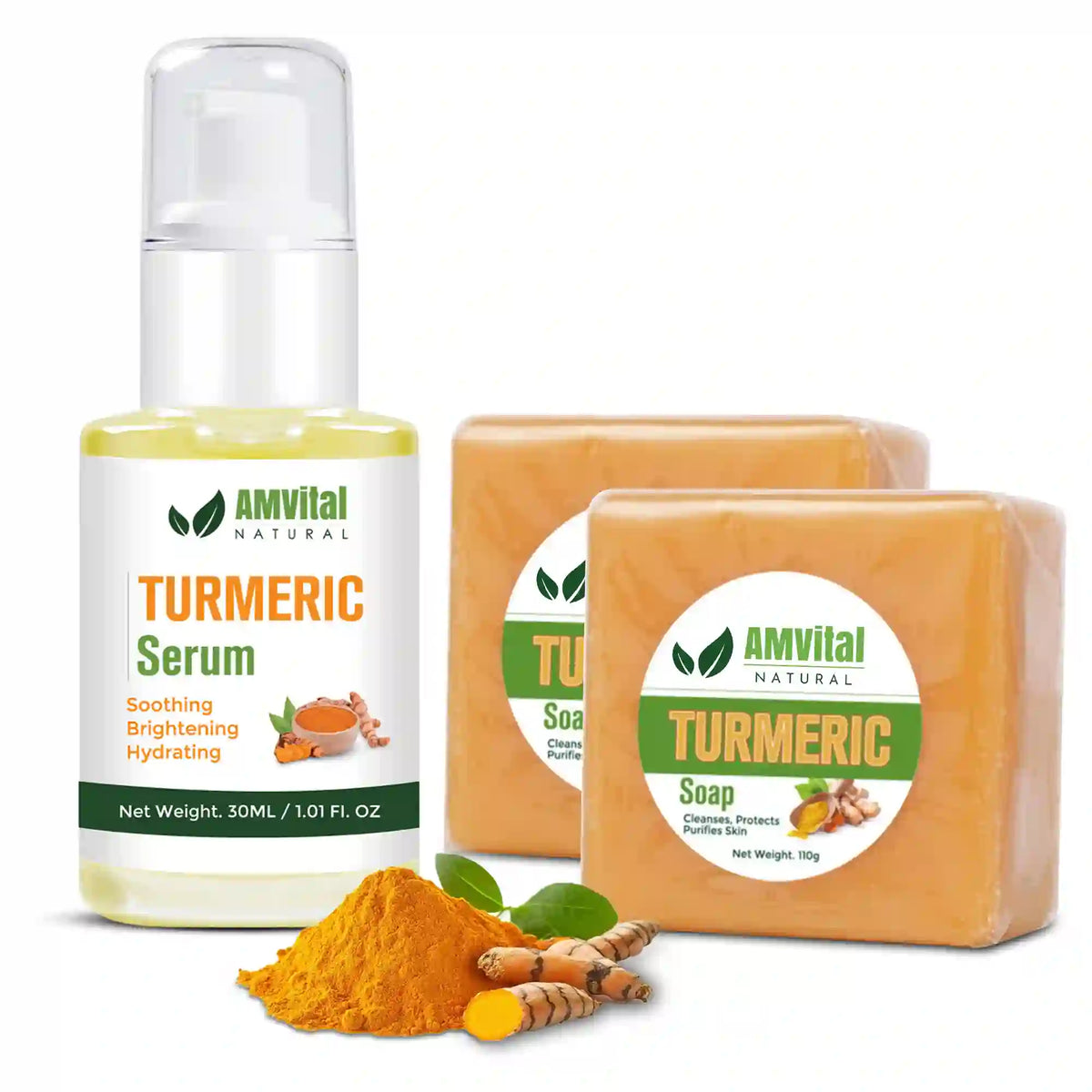 Amvital Turmeric Serum and Soap with turmeric powder on a white background