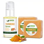 Amvital Turmeric Serum and Soap with turmeric powder on a white background