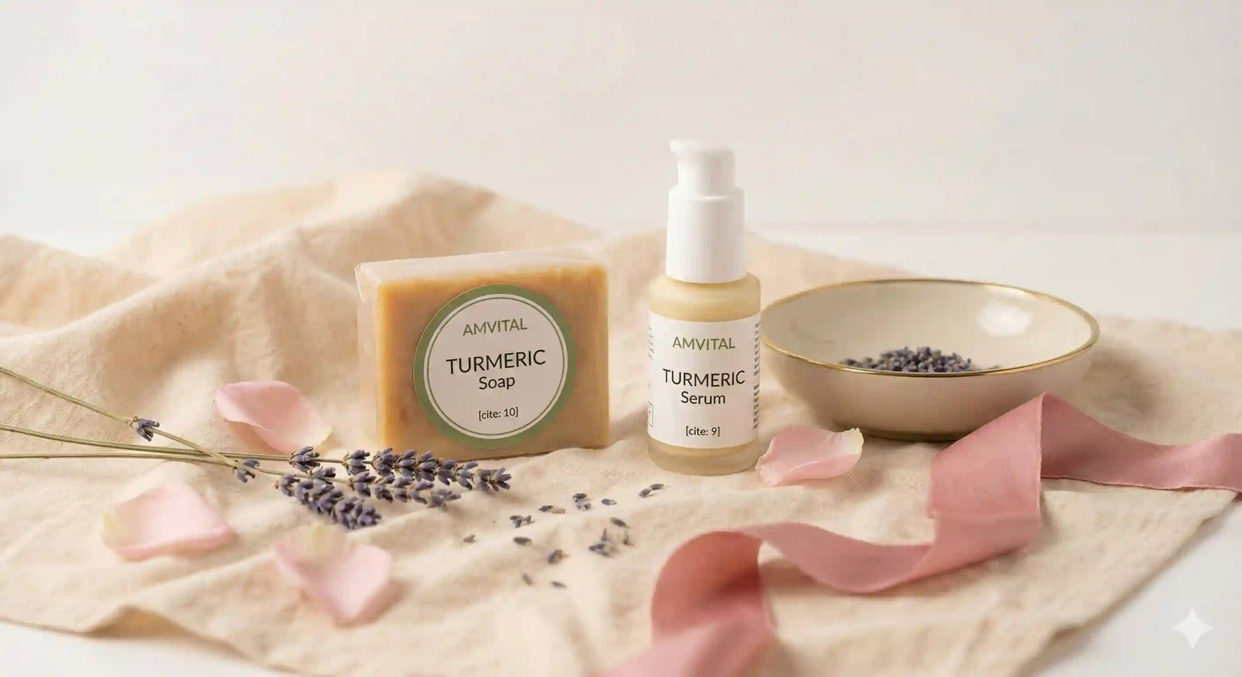 Amvital Turmeric Soap and Turmeric Serum with lavender flowers on a beige cloth.