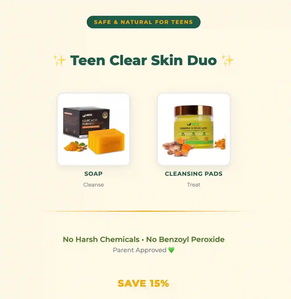 Advertisement for Teen Clear Skin Duo with soap and cleansing pads on a beige background.