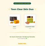 Advertisement for Teen Clear Skin Duo with soap and cleansing pads on a beige background.
