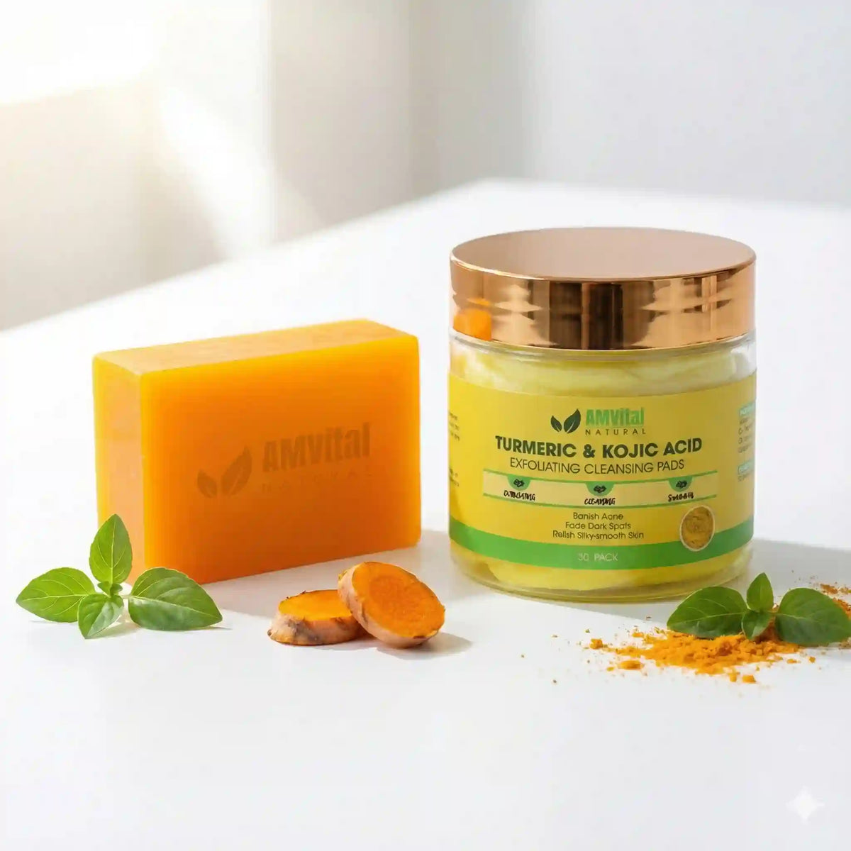 Amvitam skincare product with turmeric and jojoba acid on a white surface