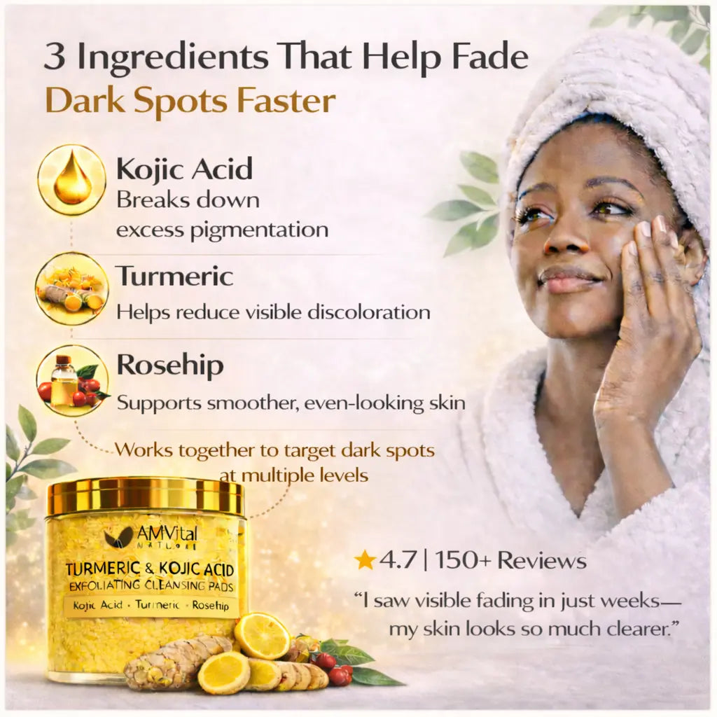Advertisement for a skincare product with a woman applying cream, ingredients, and text about dark spot fading.