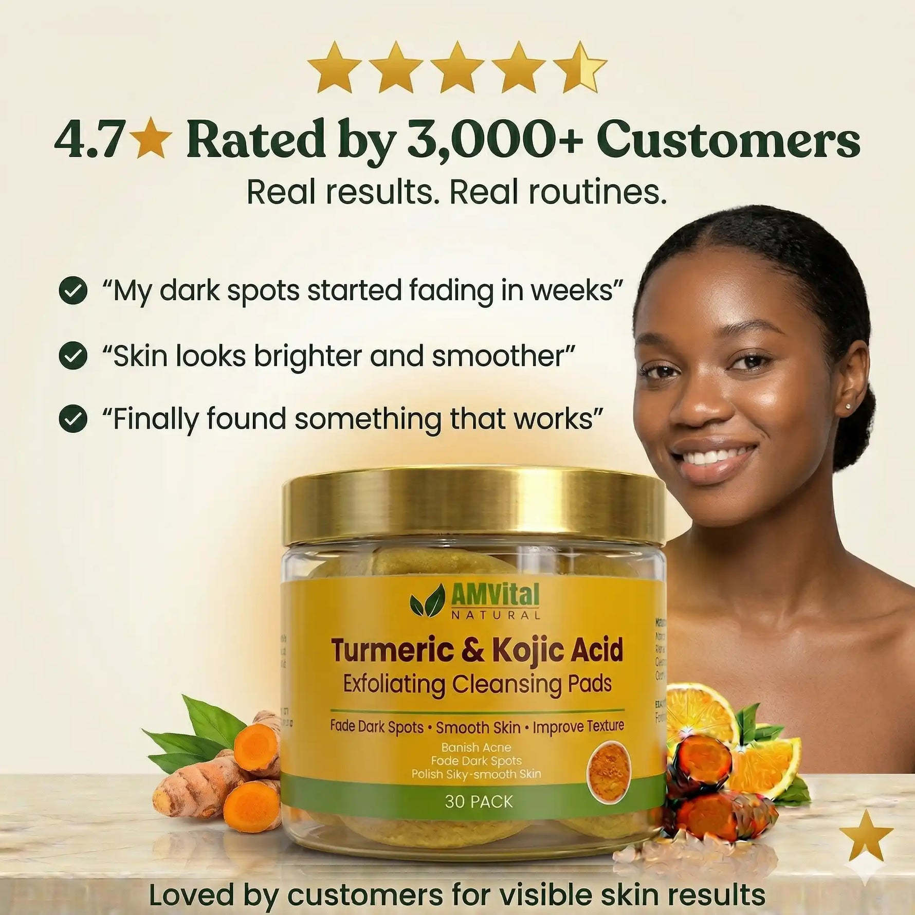 Woman applying AMVital Turmeric & Kojic Acid exfoliating cleansing pads with product packaging and ingredients displayed.