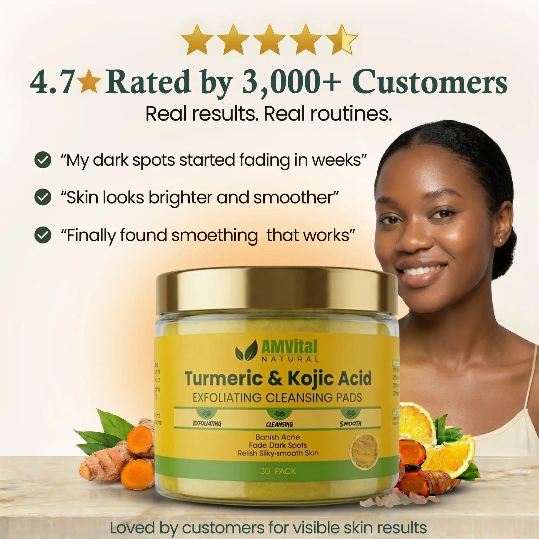 AMVital Turmeric Kojic Acid Pads with a woman.