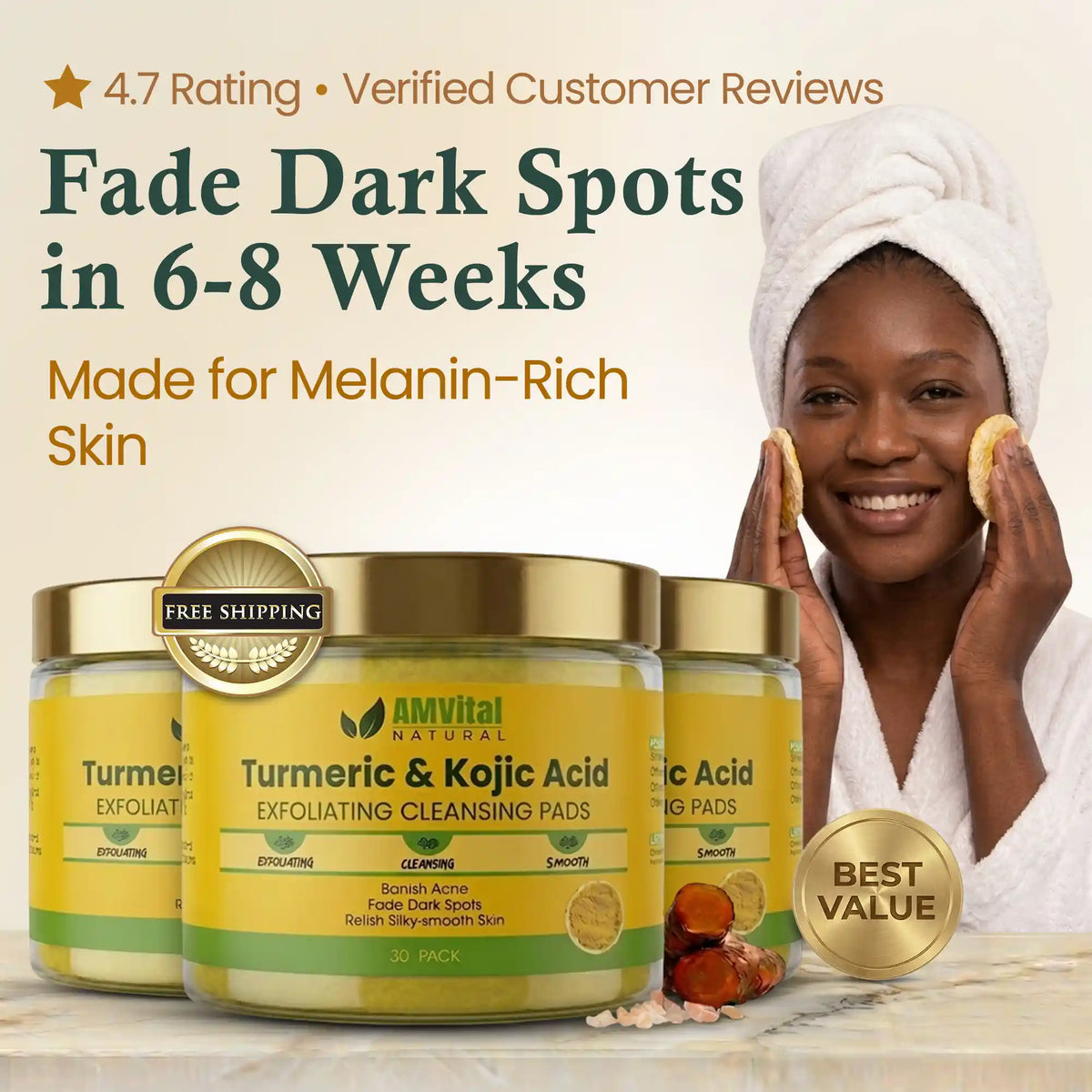 AMVital Turmeric & Kojic Acid Exfoliating Cleansing Pads with a woman using them, on a light background.