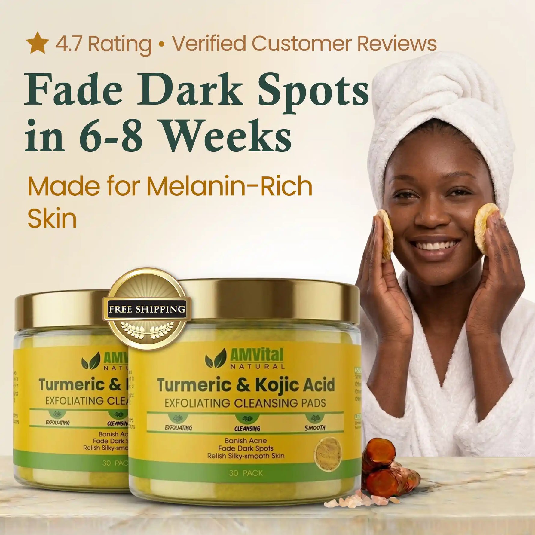 AMVital Turmeric & Kojic Acid Exfoliating Cleansing Pads with a woman using them, on a beige background.