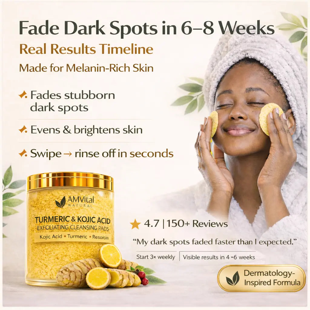 AMVital Natural Turmeric & Kojic Acid Exfoliating Cleansing Pads with a woman applying them to her face.