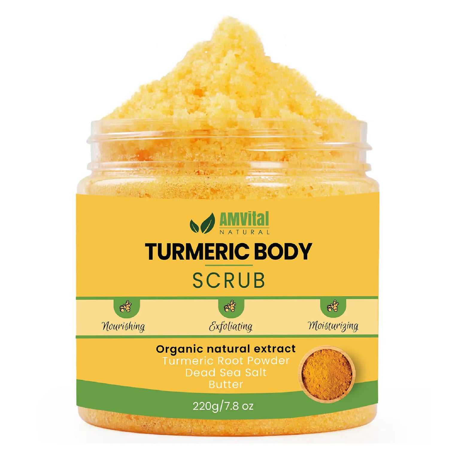 Jar of AmVital Turmeric Body Scrub with visible contents on a white background