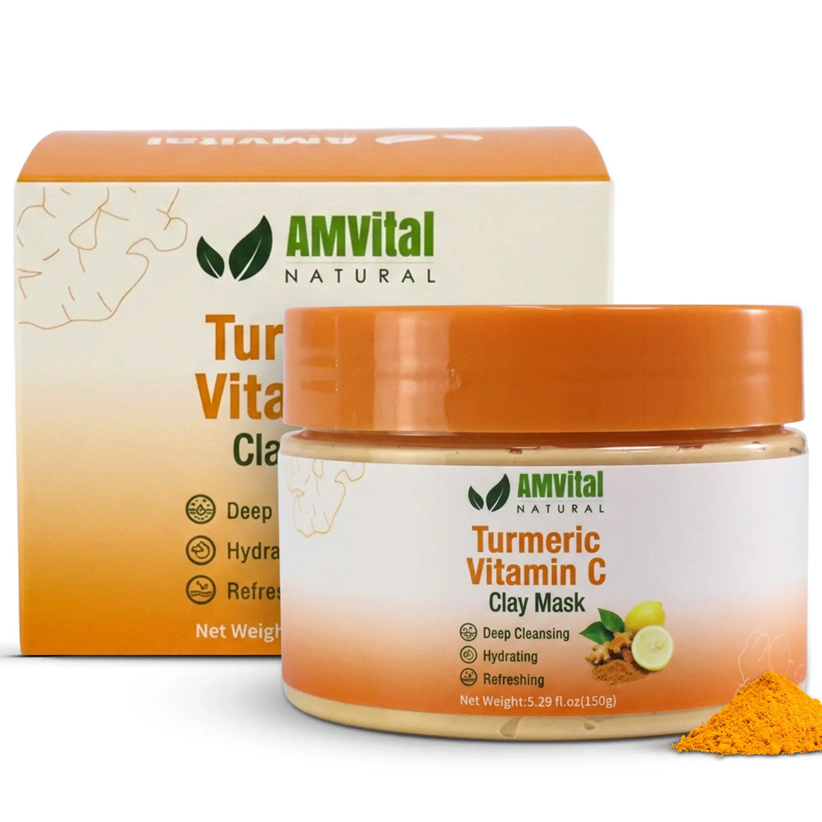 Amvital Turmeric Vitamin C Clay Mask jar and packaging on a white background