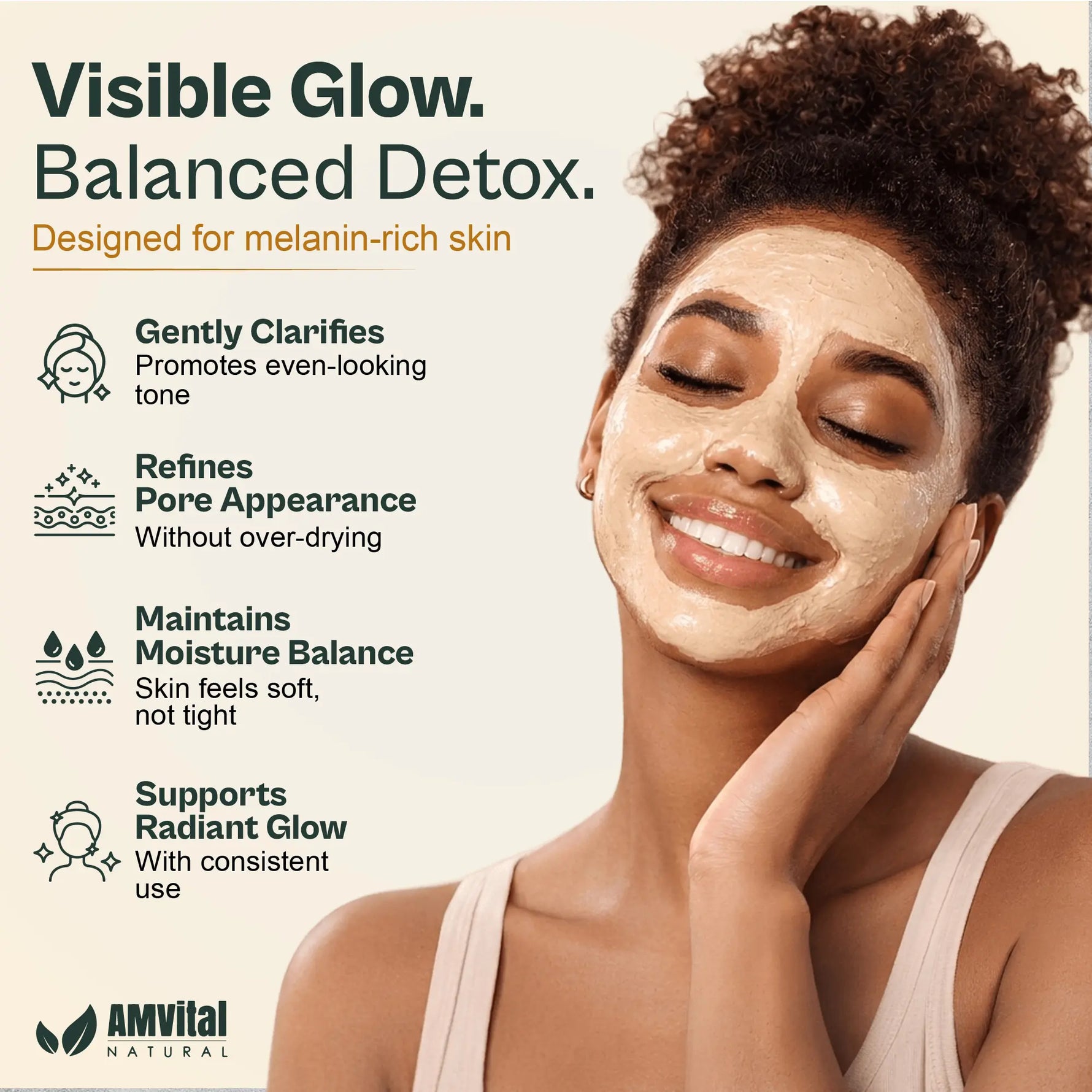 Woman applying a facial mask with product benefits listed on a beige background