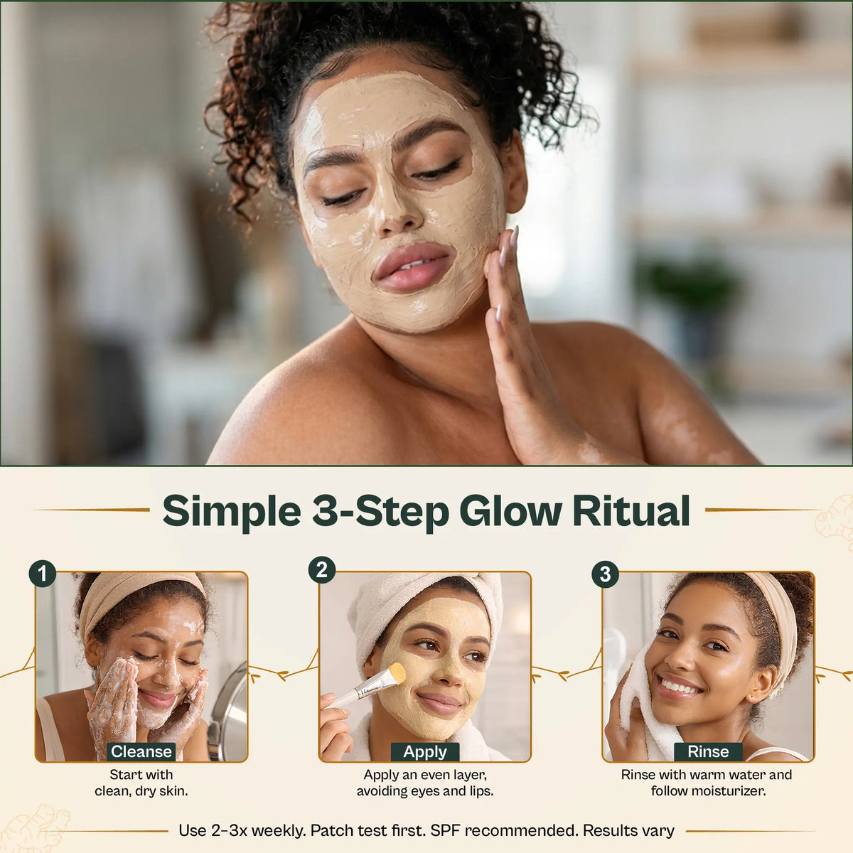 Woman applying a face mask with a step-by-step guide below on a neutral background