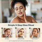 Woman applying a face mask with a step-by-step guide below on a neutral background