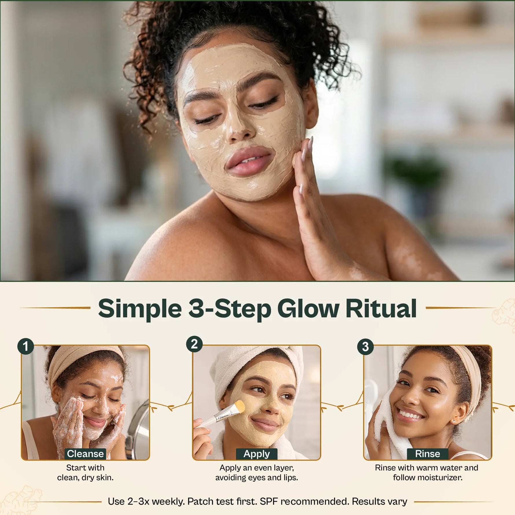 Woman applying a face mask with a step-by-step guide below on a neutral background