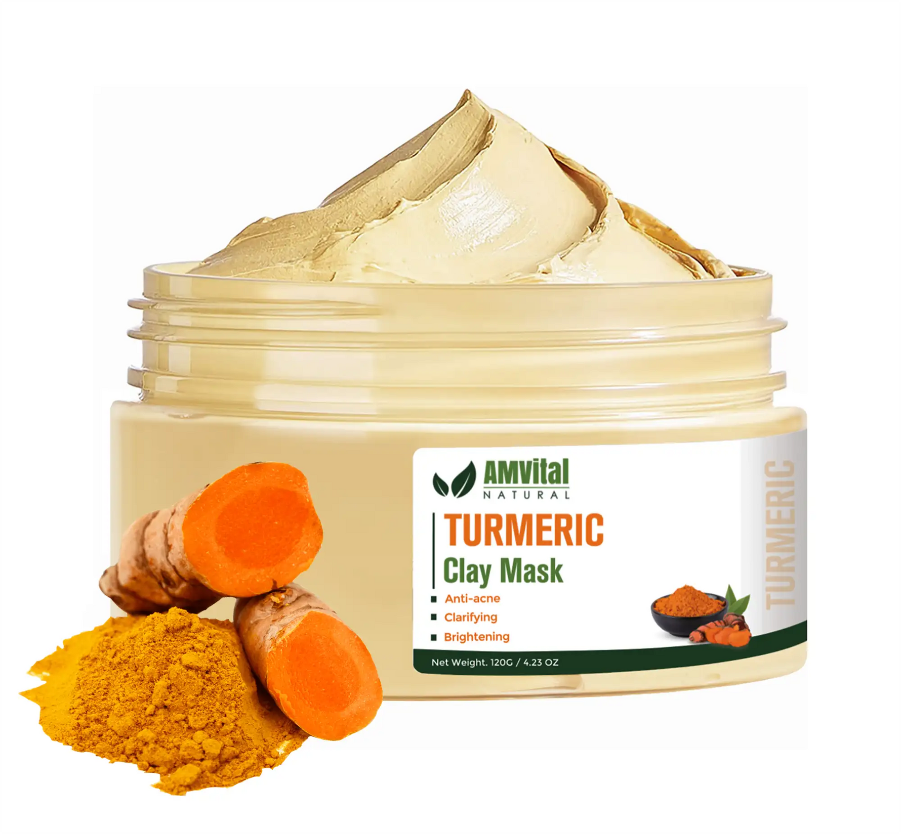 AMVital Turmeric Clay Mask with turmeric root and powder on a white background