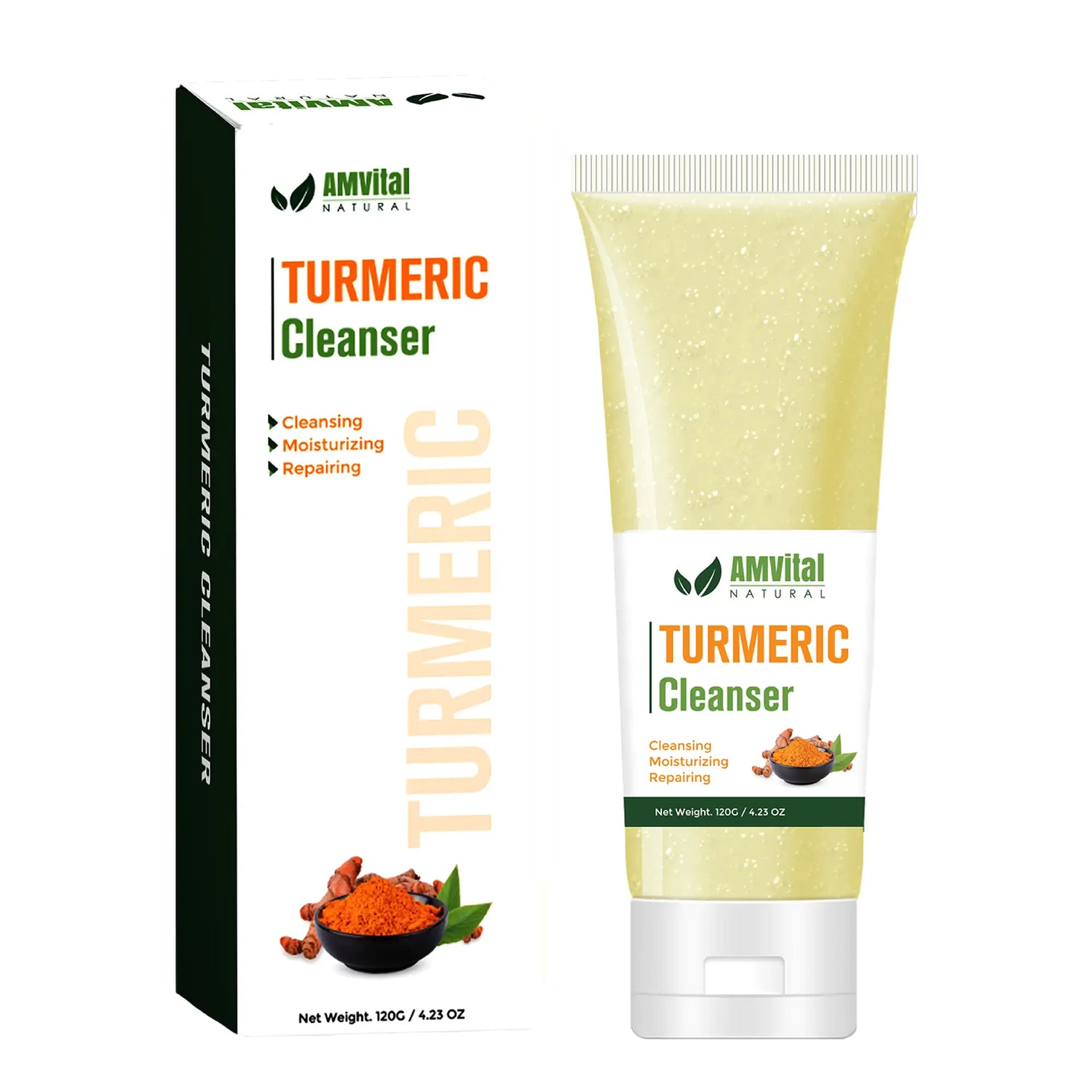 AmVital Turmeric Cleanser tube and packaging on a white background