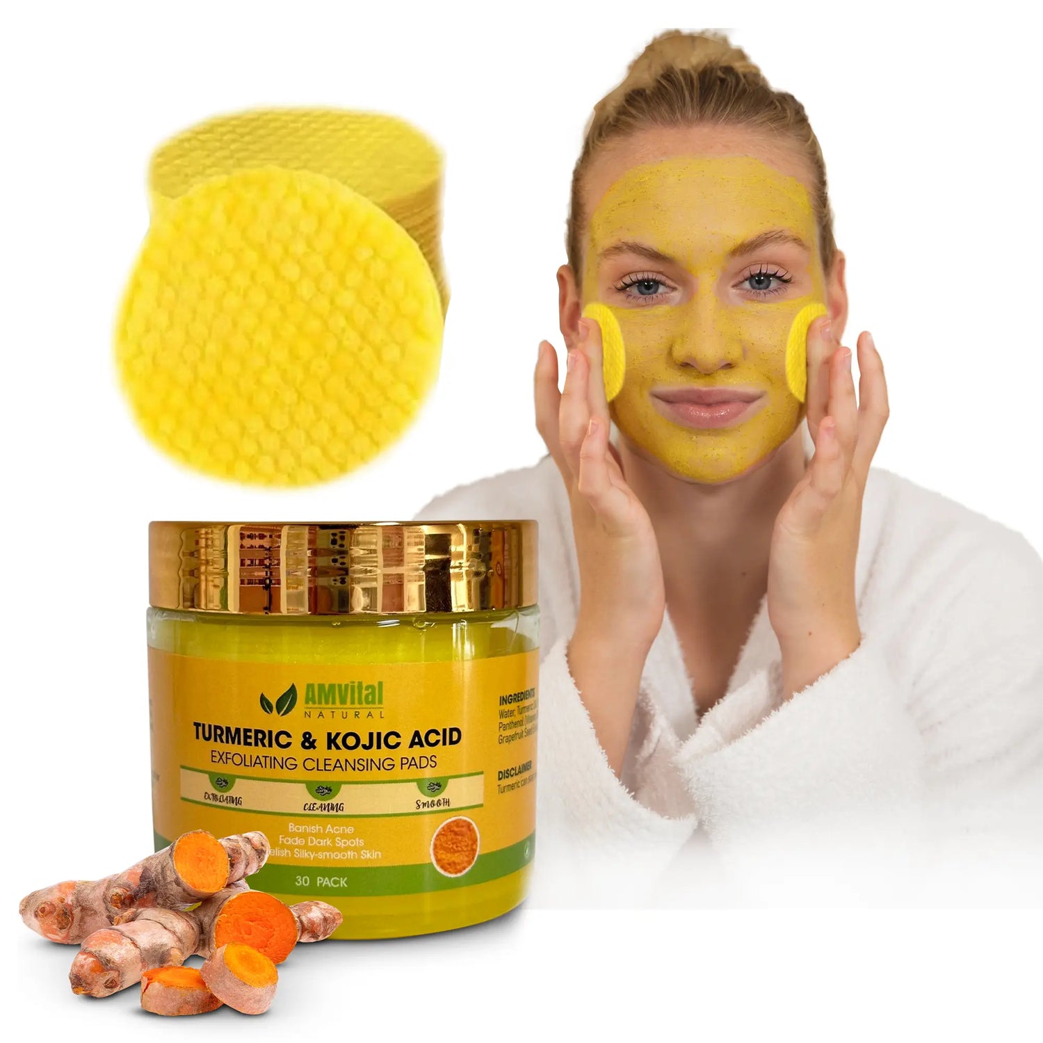 Woman applying turmeric and kojic acid facial mask with product packaging and ingredients on a white background