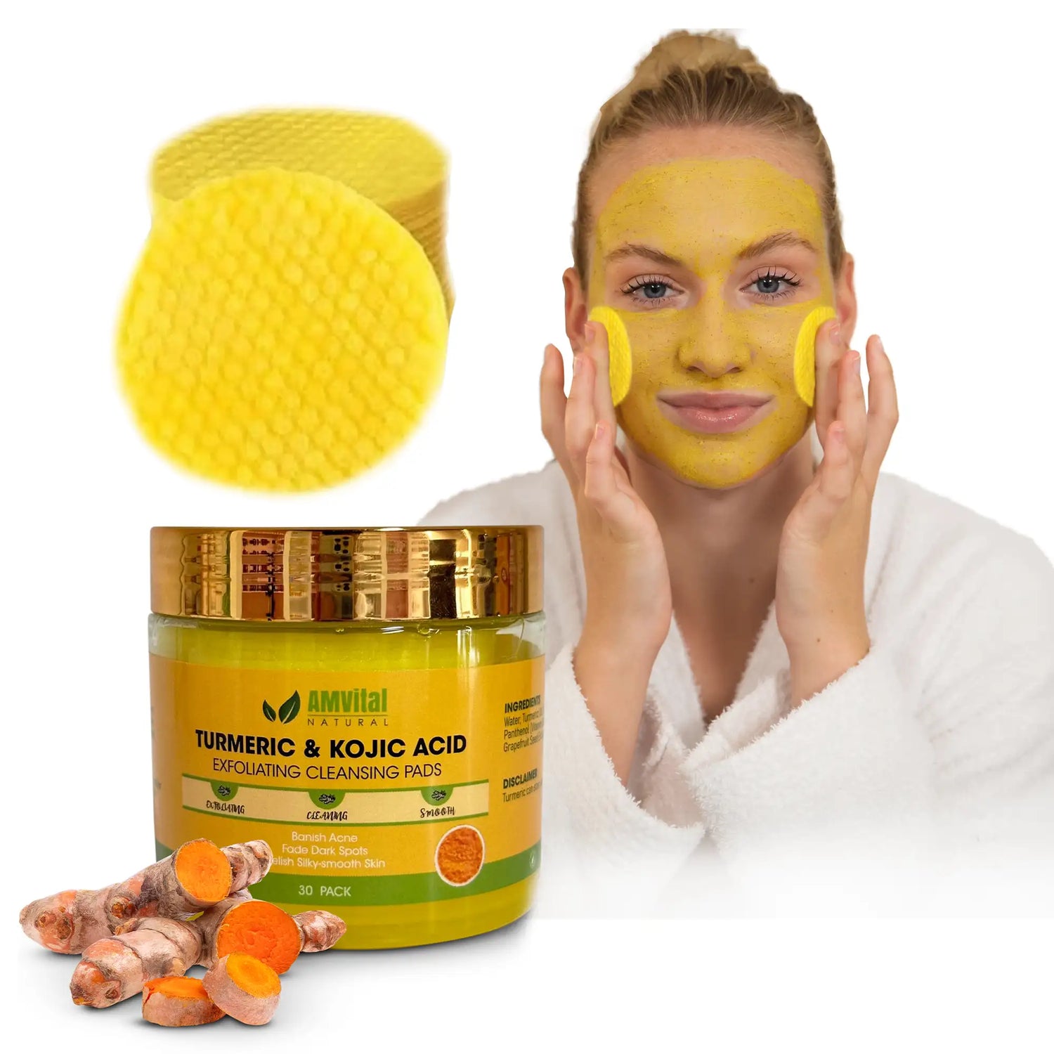 Woman applying a yellow facial mask with a jar of AmVital Turmeric & Kojic Acid pads and turmeric roots on a white background.