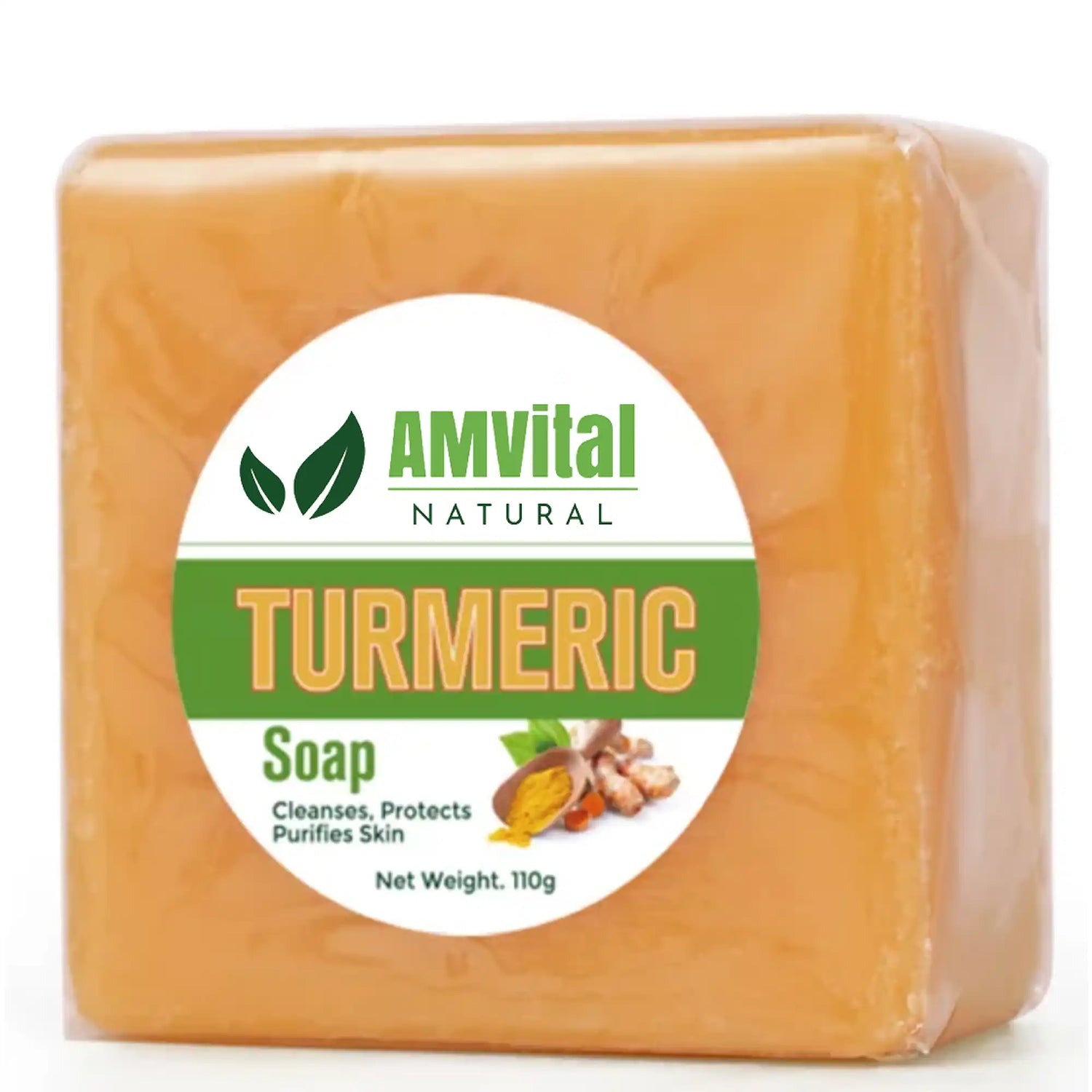 Block of turmeric soap with AMVital label on a white background