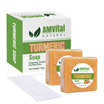 AMVital Natural Turmeric Soap packaging and two bars of soap on a white background