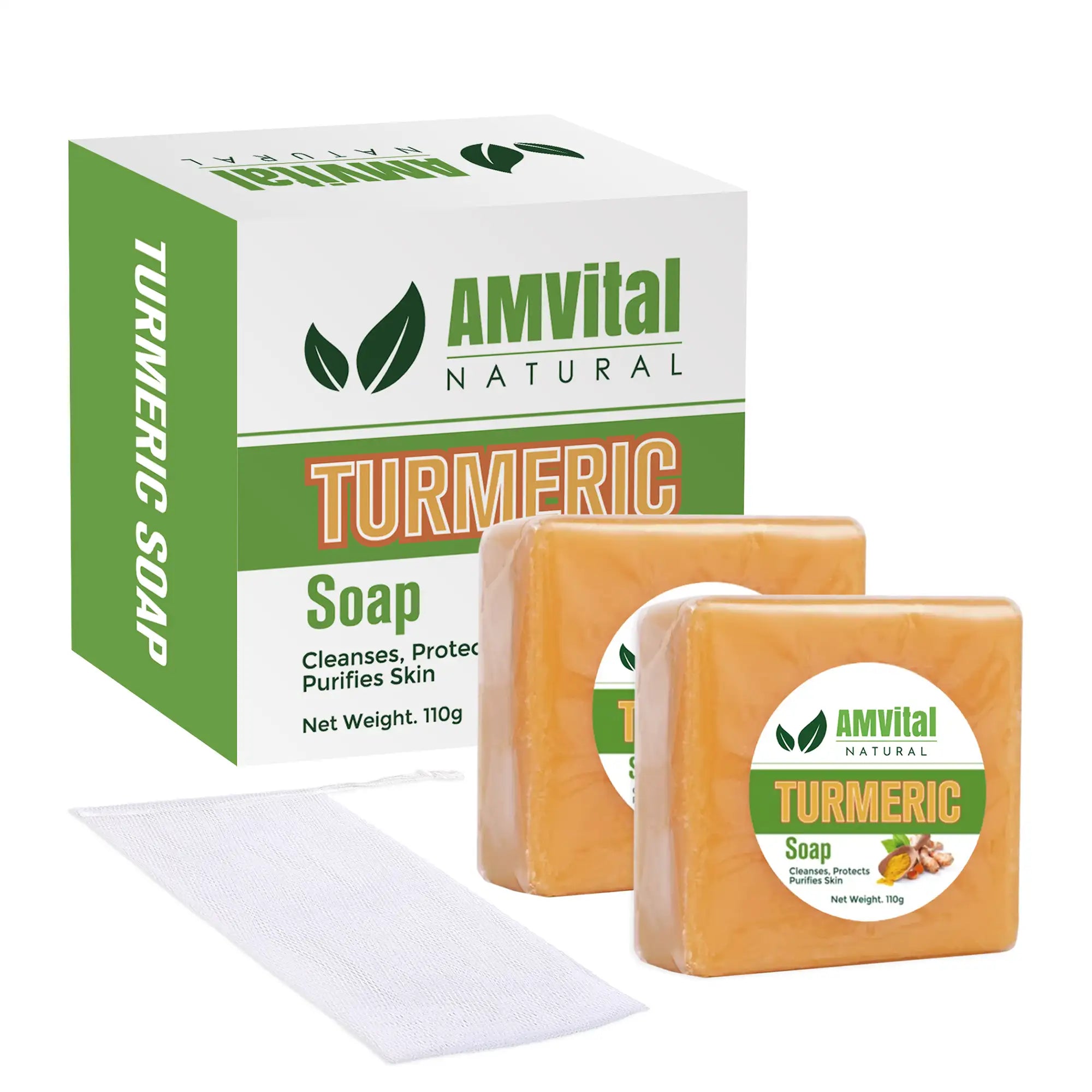 AMVital Natural Turmeric Soap packaging and two bars of soap on a white background