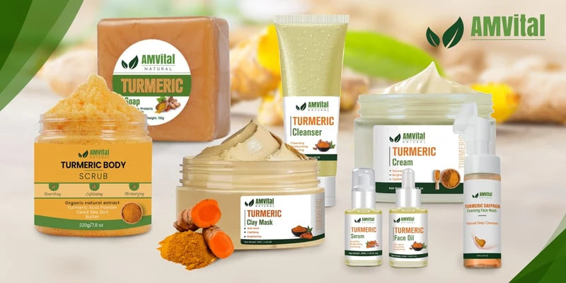 AMVital turmeric skincare product collection displayed on a clean background for Brand Facts hero banner