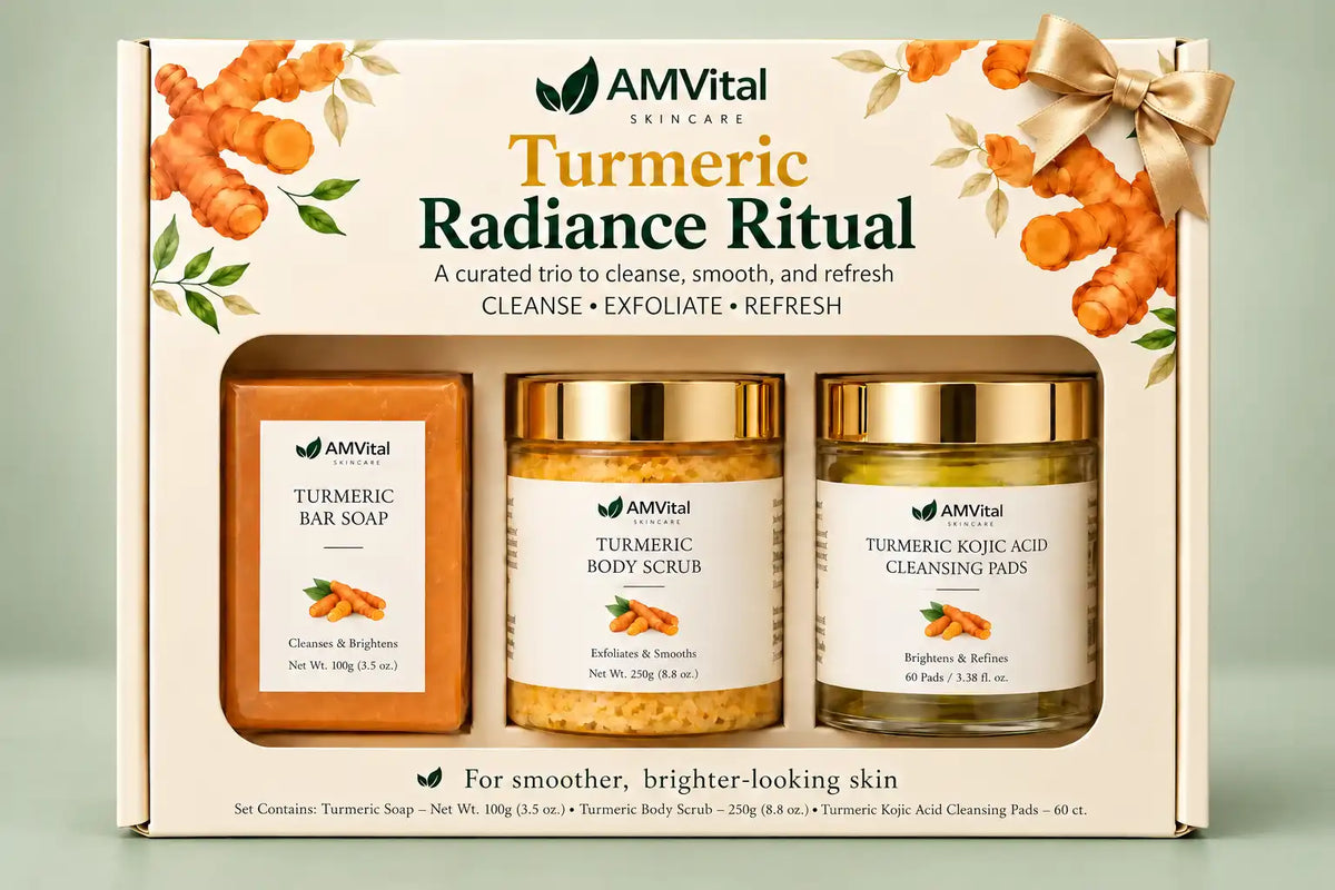 AMVital Turmeric Radiance Ritual gift set with turmeric soap, body scrub and rinse-off cleansing pads