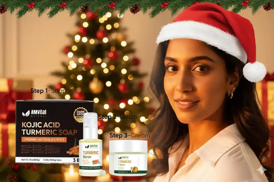 Woman with radiant, even-toned skin showcasing AMVital's 3-step turmeric brightening system: Kojic Acid Turmeric Soap, Turmeric Serum, and Turmeric Cream