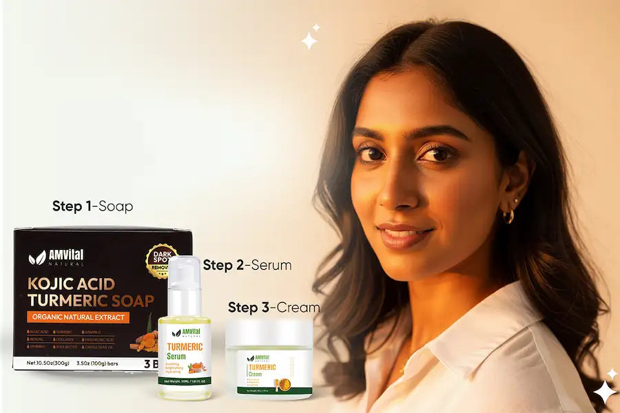 Woman with radiant, even-toned skin showcasing AMVital's 3-step turmeric brightening system: Kojic Acid Turmeric Soap, Turmeric Serum, and Turmeric Cream