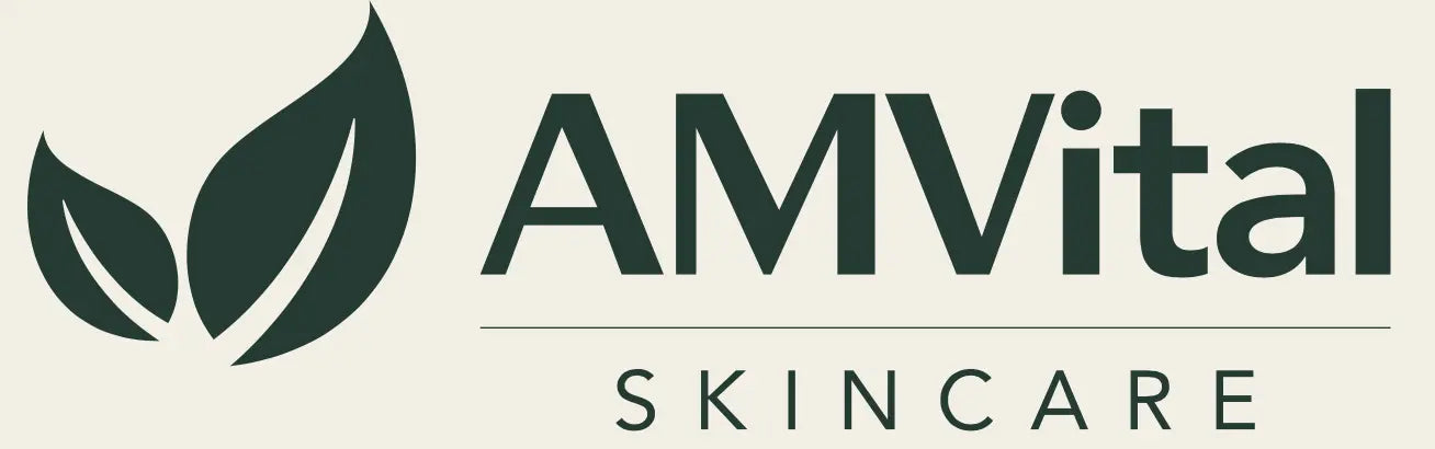 AMVital Skincare logo with leaves on a beige background