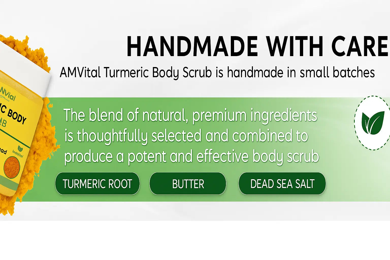 AMVital Turmeric Body Scrub product facts with key benefits, usage tips, and skin type guidance
