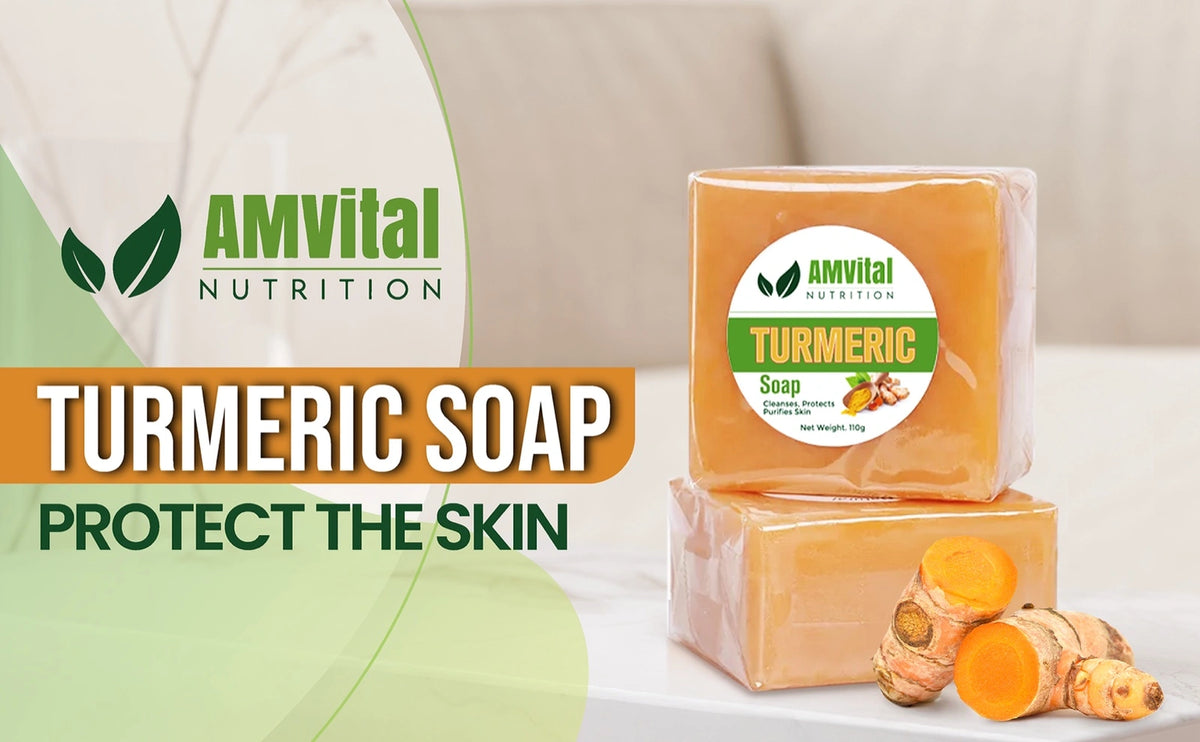 AMVital turmeric soap bar with turmeric roots on a clean background for hero banner