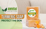 AMVital turmeric soap bar with turmeric roots on a clean background for hero banner