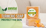 Turmeric soap and turmeric roots displayed with AMVital branding for mobile hero image