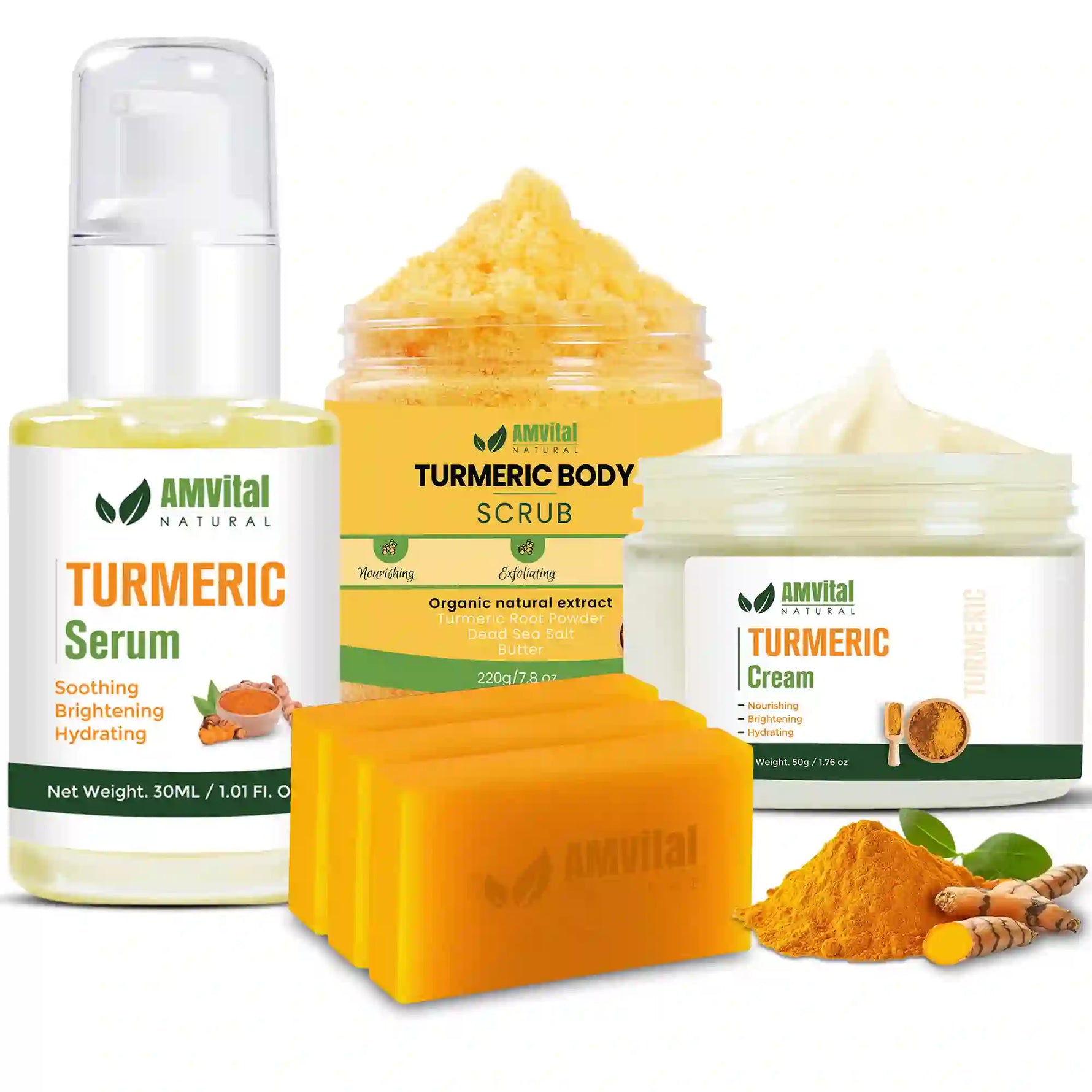 AMVital Turmeric kojic acid soap, turmeric body scrub, tuemeric cream and turmeric cream.
