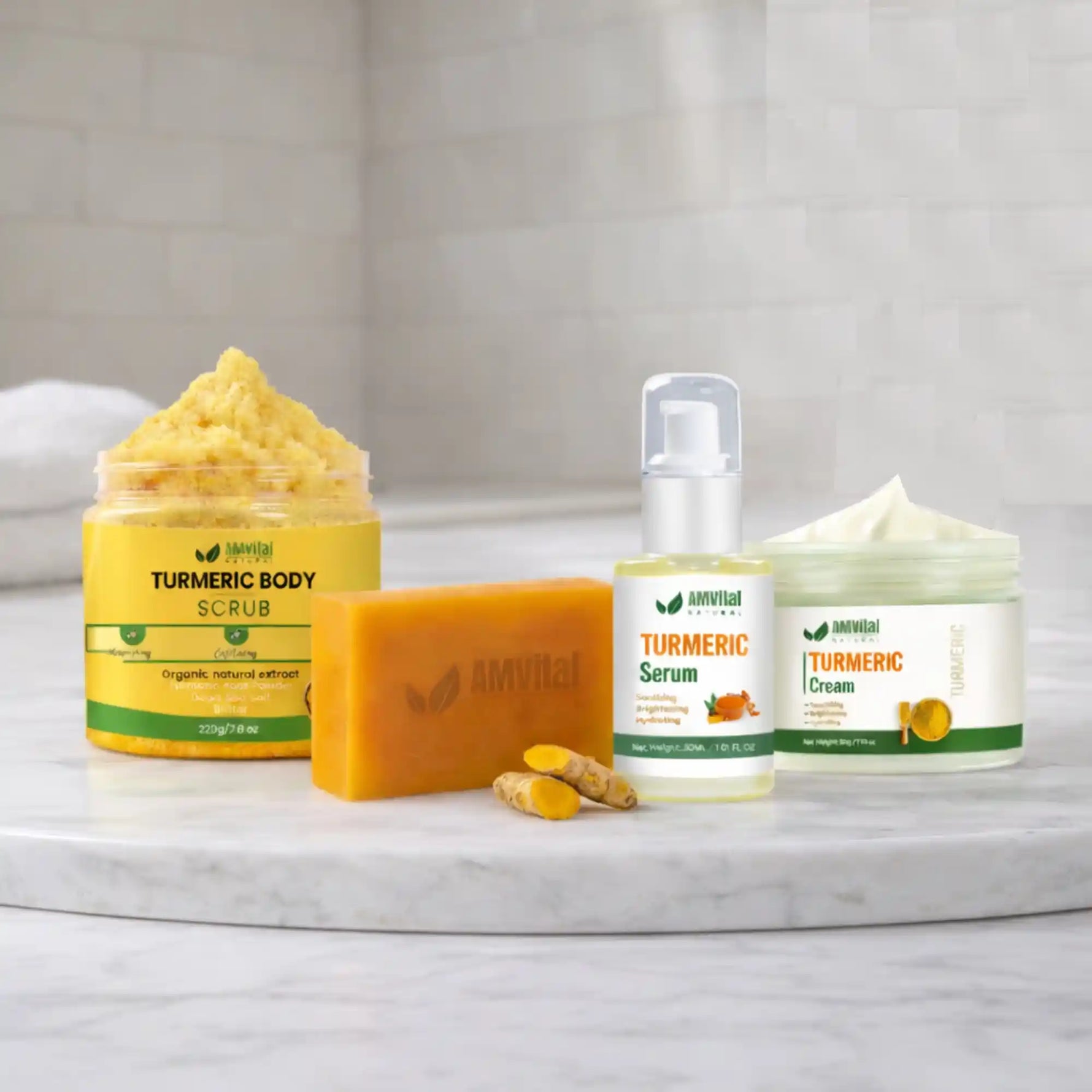 Collection of Amrita Ayurveda skincare products including scrub, soap, serum, and cream on a marble surface.