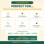 Promotional text for a skincare product targeting special occasions with icons and text.