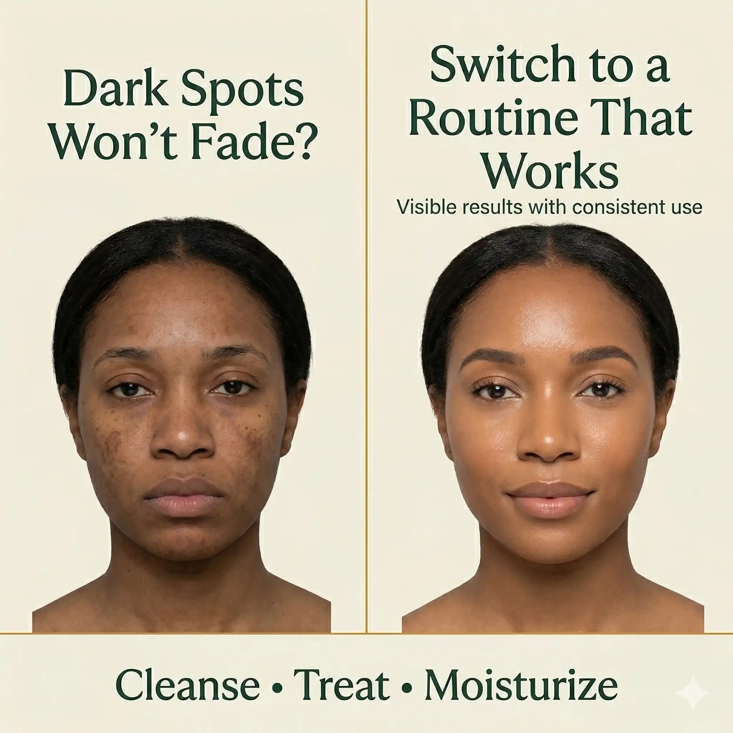 Before and after comparison of a woman's face with text about a skincare routine.