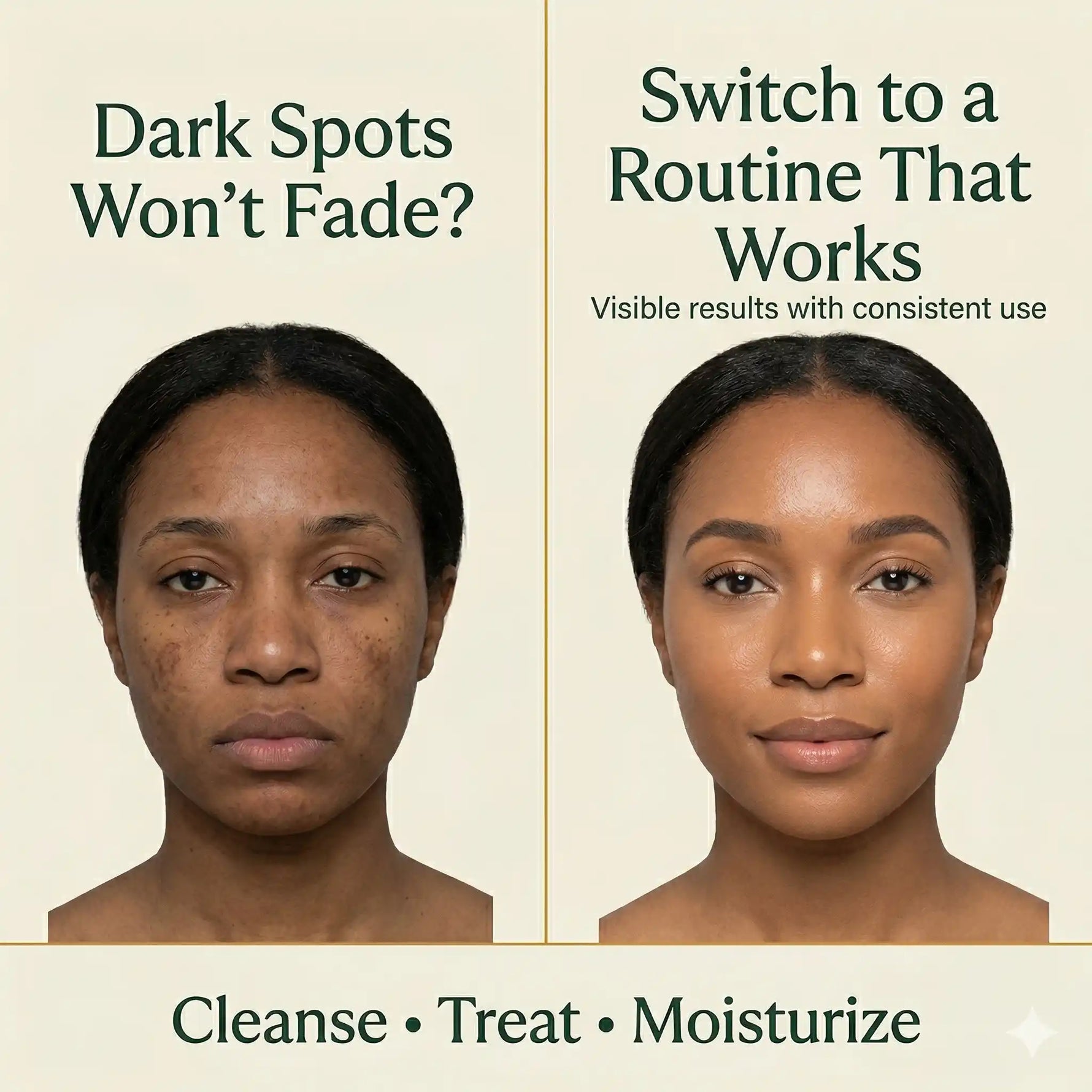 Before and after comparison of a woman's face with text about a skincare routine.