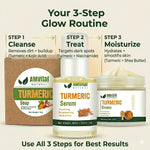 AMVital Turmeric skincare products with a 3-step glow routine on a beige background