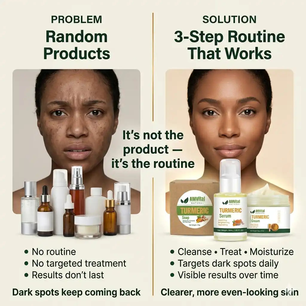Comparison of random skincare products versus a 3-step routine with visible results on a woman's face.