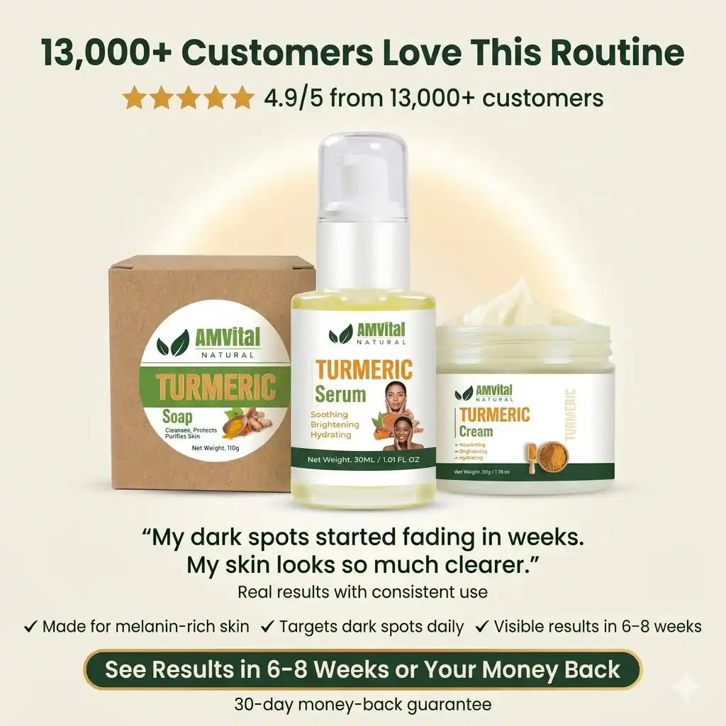 AmVital Turmeric skincare products with customer feedback on a beige background