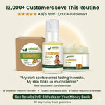 AmVital Turmeric skincare products with customer feedback on a beige background
