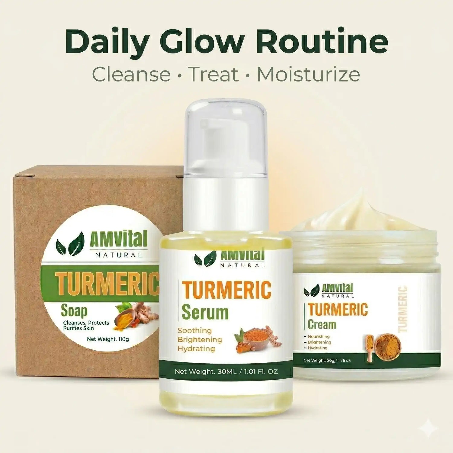 AMVital Turmeric skincare products including serum, cream, and soap on a beige background.